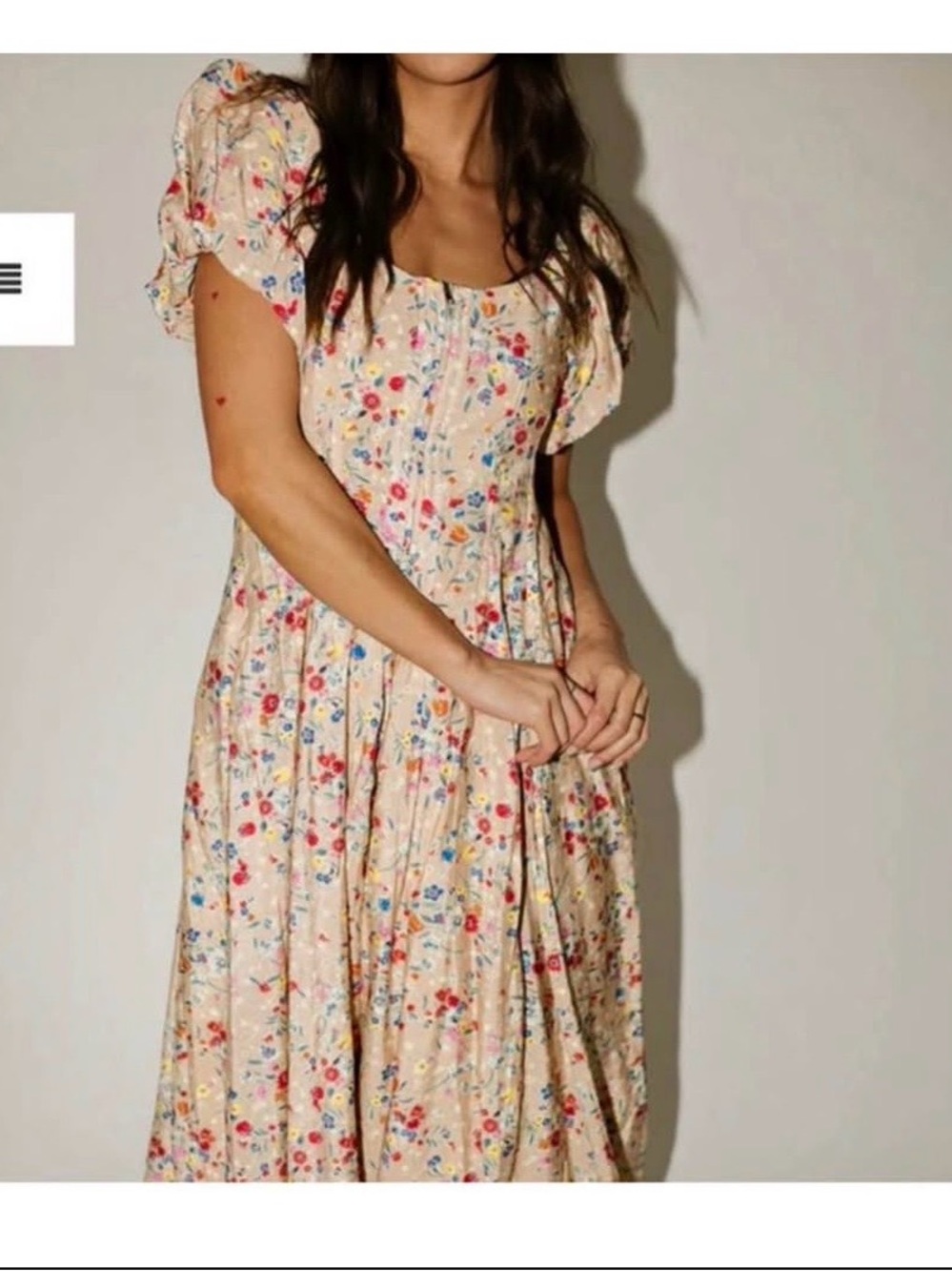 Cream Floral Midi Dress with Puff Sleeves